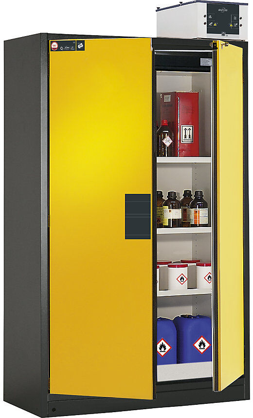 Feuerbeständiger Gefahrstoffschrank Typ 90, halbautomatisch, mit 3 Fachböden, Türfarbe Gelb asecos