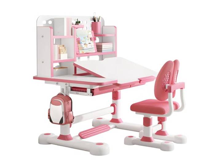 Kinderschreibtisch mit Stuhl Set, höhenverstellbarer Kinder Schreibtisch, ergonomische Schüler-Schreibtischkombination, unterstützt eine korrekte Sitzhaltung, belastbar bis 300 kg (Rosa, MAX)