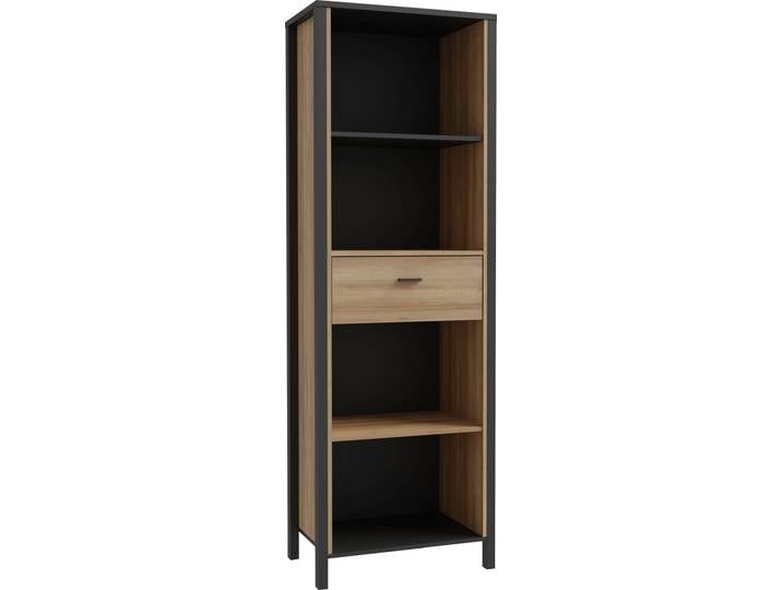Aktenregal FORTE High Rock , schwarz (riviera eiche, schwarz), B:64,8cm H:193,9cm T:40,2cm, Holzwerkstoff, Regale, Aktenregal, mit Tür, 4 offene Fächer, Industrial-Stil, 65x194 cm