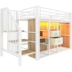 MODFU Halbhohes Bett 90x200 mit 2 Schubladen und offener Garderobe, Metallrahmen und MDF, Weiß, mit LED-Beleuchtung