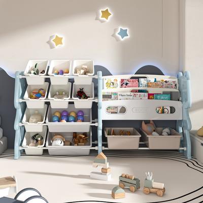 Kodotan sofa Kids Toy Storage Organizer,Toy Organizer with 2 Tier Bookshelf,Toy Storage with Shelf and 12 Toy Bins,Bookshelf and Toy Storage