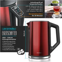 Arendo Frühstücks Set, Edelstahl Wasserkocher 1,5l Temperaturwahl & 4-Scheiben Langschlitz Toaster, Rot, Wasserkocher, Rot