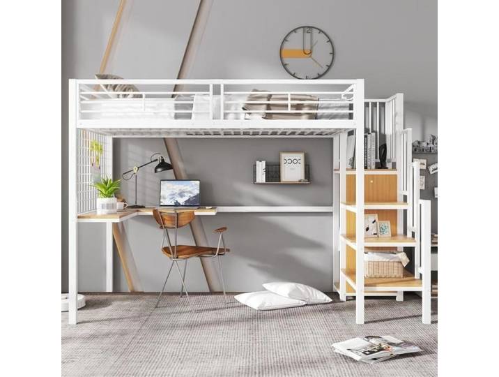 Lit mezzanine - KOMHTOM - 90x200 cm - Bureau + armoire - Structure métal - Blanc/Naturel