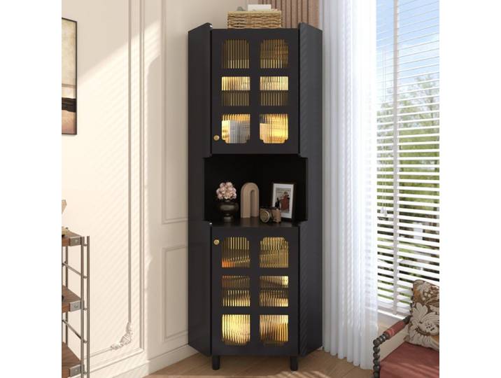 WOVREO vitrine d'angle noire 63 5 x 59 5 x 157 5 cm avec LED integree MDF laque 2 portes et niche ouverte