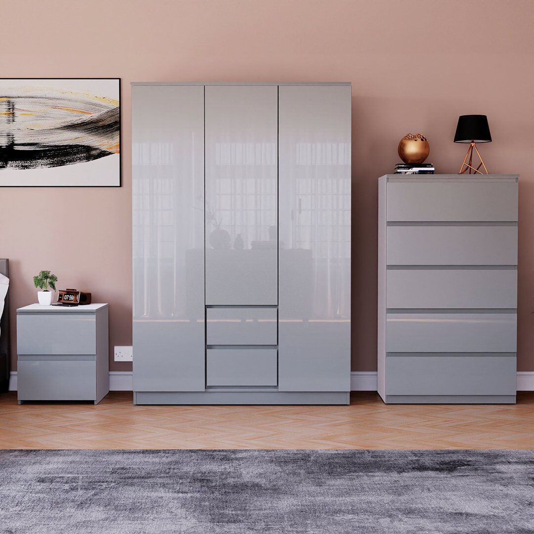 17 Stories Oslo 3 Piece Bedroom Set (2 Drawer Bedside Chest, 5 Drawer Chest, 3 Door 2 Drawer Wardrobe), (100% FSC) Grey