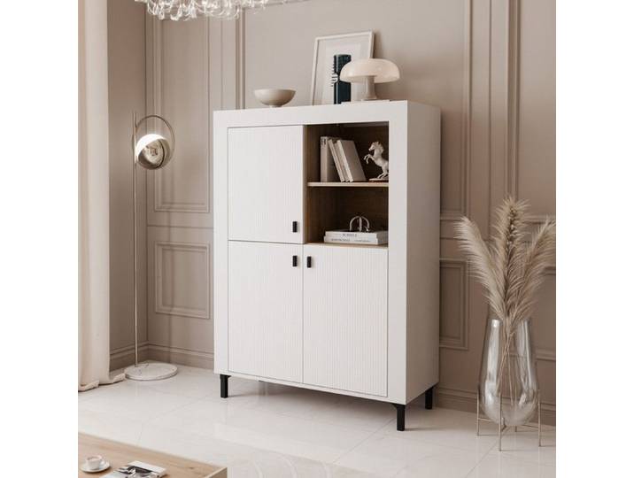 Buffet haut AVENA - avec 3 portes et 2 étagères - sur pieds - 97x40x136 cm - Blanc/chêne