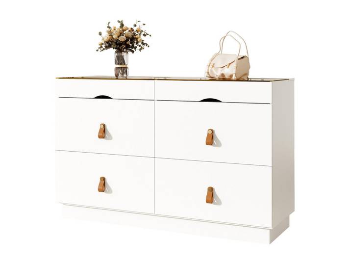 Modfu Sideboard aus Glas und Spanplatte 120x40x78 cm Weiß mit 6 Schubladen, Facheinteilung und Kippsicherung, 120x78x40 cm, Kleinmöbel, Kommoden, Sideboards