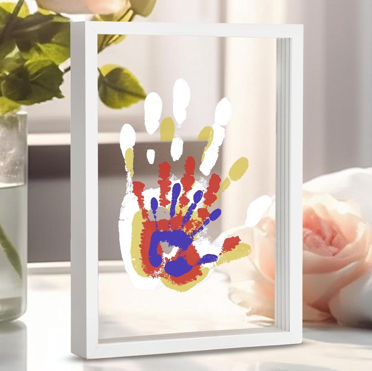 Doe-het-zelf handafdrukken set voor het gezin met houten lijst, wit cadeaupakket
