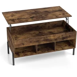 COSTWAY Couchtisch höhenverstellbar, mit Tischplatte & 3 Fächern, Holz mit verstecktem Fach, Braun