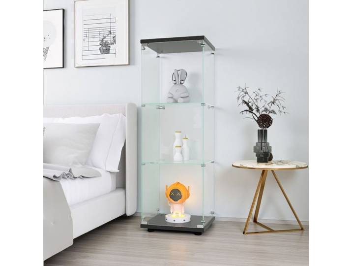 Vitrine sur Pied en Verre Vitrine de collection avec 1 Portes et 3 Compartiments Grande Vitrine en verre Transparent 125x42x36cm