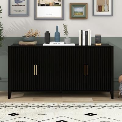 Ostweer Black Storage Cabinet Sideboard File Cabinet with Slatted Doors, Hallway Cabinet Accent Cabinet with Metal Handles