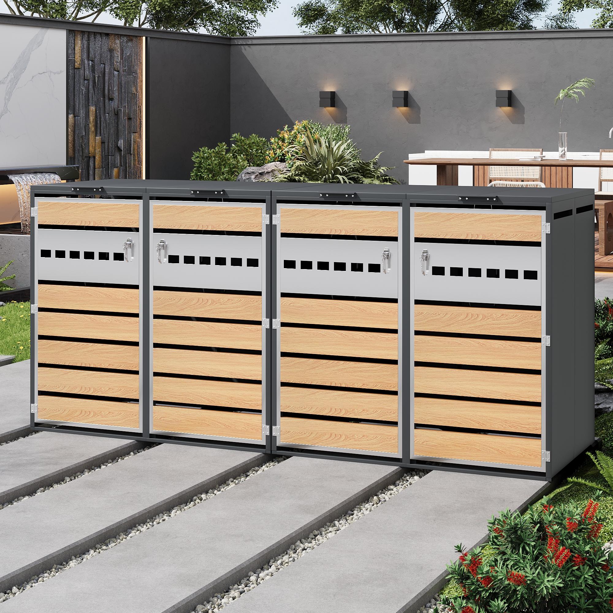Merax 2er-Set Mülltonnenbox mit Klappdeckel und 2 Fächer, abschließbare Mülltonnenverkleidung mit Holzoptik und Stahl, für Garten und Außenbereich