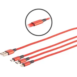 USB-A Ladekabel, 3-fach, Alu, rot, 1,2m