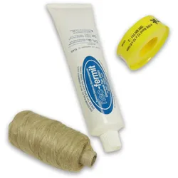Dichtset bestehend aus Teflonband, Hanfrolle, Fermitpaste