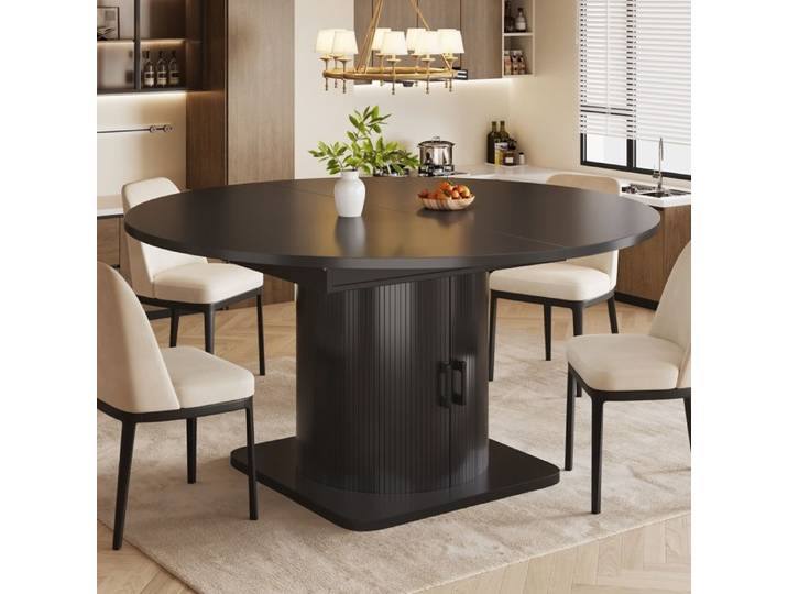 Table à Manger Extensible Ronde - Noire - avec Rangement Caché et Porte-Verres Table Pliante de Cuisine