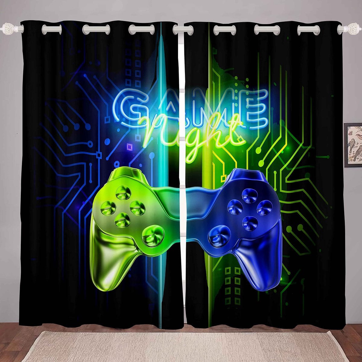SnelShoppen Verduisterende Gaming Gordijnen Blauw Groen Neon Gamepad B/H: 117 x 183 cm