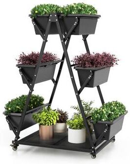Costway 3-Tier Vertical Raised Garden Bed with 4 Wheels and 6 Container Boxes-Black