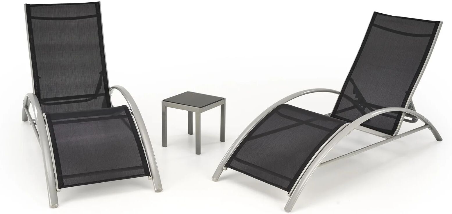 garneroarredamenti Set 2 sdraio da giardino con tavolino relax nero grigio Marea