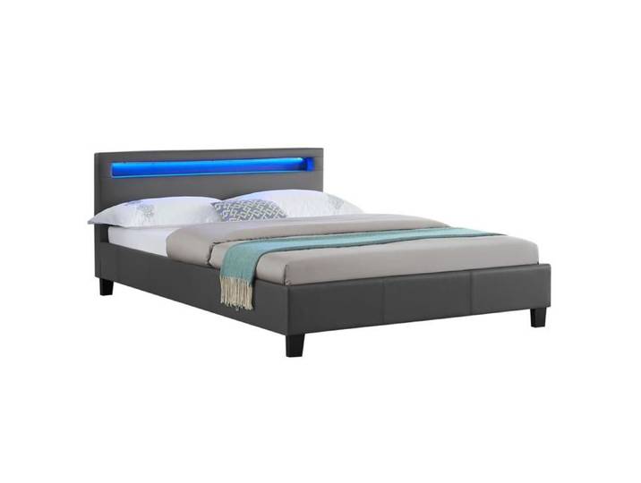 Lit LED double 140x190 cm avec sommier tête de lit confortable lit 1 place revêtement en tissu gris RIOJA