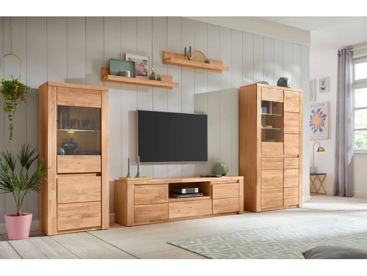 Wohnwand GOODPRODUCT BURANO 3-teilig, Lowboard mit Kabeldurchführung, Breite 310cm , braun (eiche teilmassiv), Holzwerkstoff eichefarben (Korpus) / Massivholz Eiche (Front), Holz teilmassiv, Kastenmöbel-Sets, Wohnwand, Fronten aus Massivholz, Korpus aus Melamin, verstellbare Einlegeboden