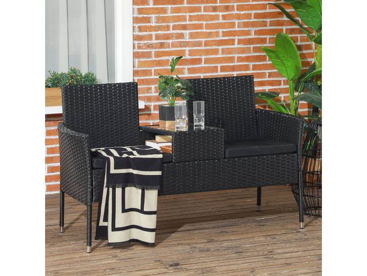 Outsunny Canapé Jardin 2 Places Rotin Noir avec Table Basse