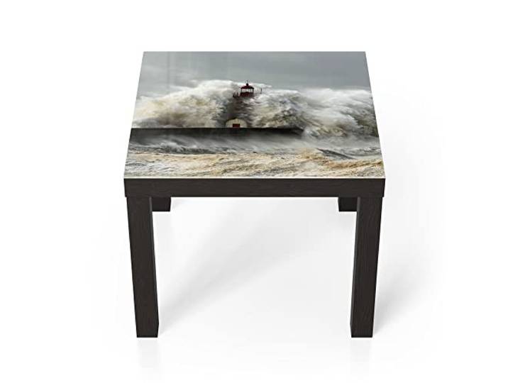 DEQORI Glastisch schwarz klein 55x55 cm Motiv Leuchtturm bei Sturmflut ausgefallener Beistelltisch aus Glas Hochglanz Couchtisch fürs Wohnzimmer moderner Couch Tisch mit Design