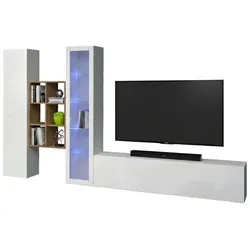 Dmora Wohnzimmermöbel Eugenio, Wohnzimmer-Set TV-Möbel mit 3 Türen, Mehrzweck-Wohnmöbel mit Vitrine und LED-Licht, cm 320x30h180, glänzend weiß