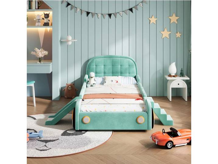 Lit Enfant Voiture Bleu-Vert 90x200cm Lit Auto FloraGrace Pour Enfant Montage Gauche Droite 218 5x197x86cm