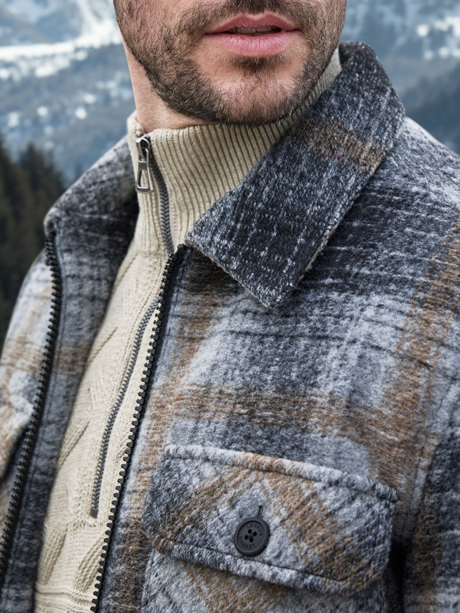 Outdoorjacke LERROS "Karierte Outdoor-Hemdjacke in Woll-Optik", Herren, Gr. S, grau (platinum grau), 100% Polyester, Jacken Outdoorjacke platinum grau S