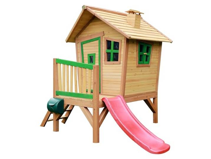 AXI Robin Spielhaus aus Holz in Braun & Grün mit Roter Rutsche Kinderspielhaus, Stelzenhaus mit Veranda & Rutsche für Kinder, FSC Holz, Podesthöhe 58 cm