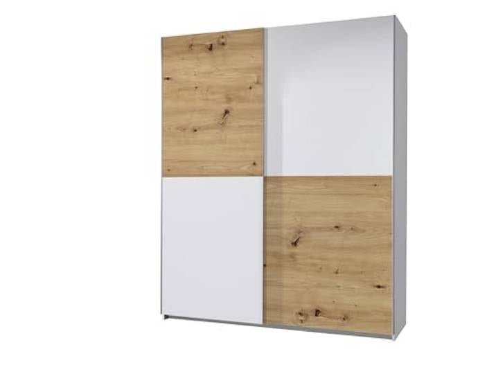 möbelando Schwebetürenschrank >Time< mit Schachbrett-Front in Weiß & Artisan Eiche Dekor, 170x195x59 cm, 2 Türen, Dekorfolie, platzsparend, pflegeleicht, zerlegt geliefert