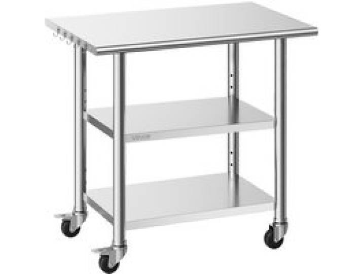 VEVOR Table de Travail Cuisine Professionnelle, Table Centrale Inox 91,5x61 cm, pour Préparation des Aliments CHR Café Hôtel Restaurant, Poste de Travail en Acier Inoxydable 3 Niveaux sur Roulettes