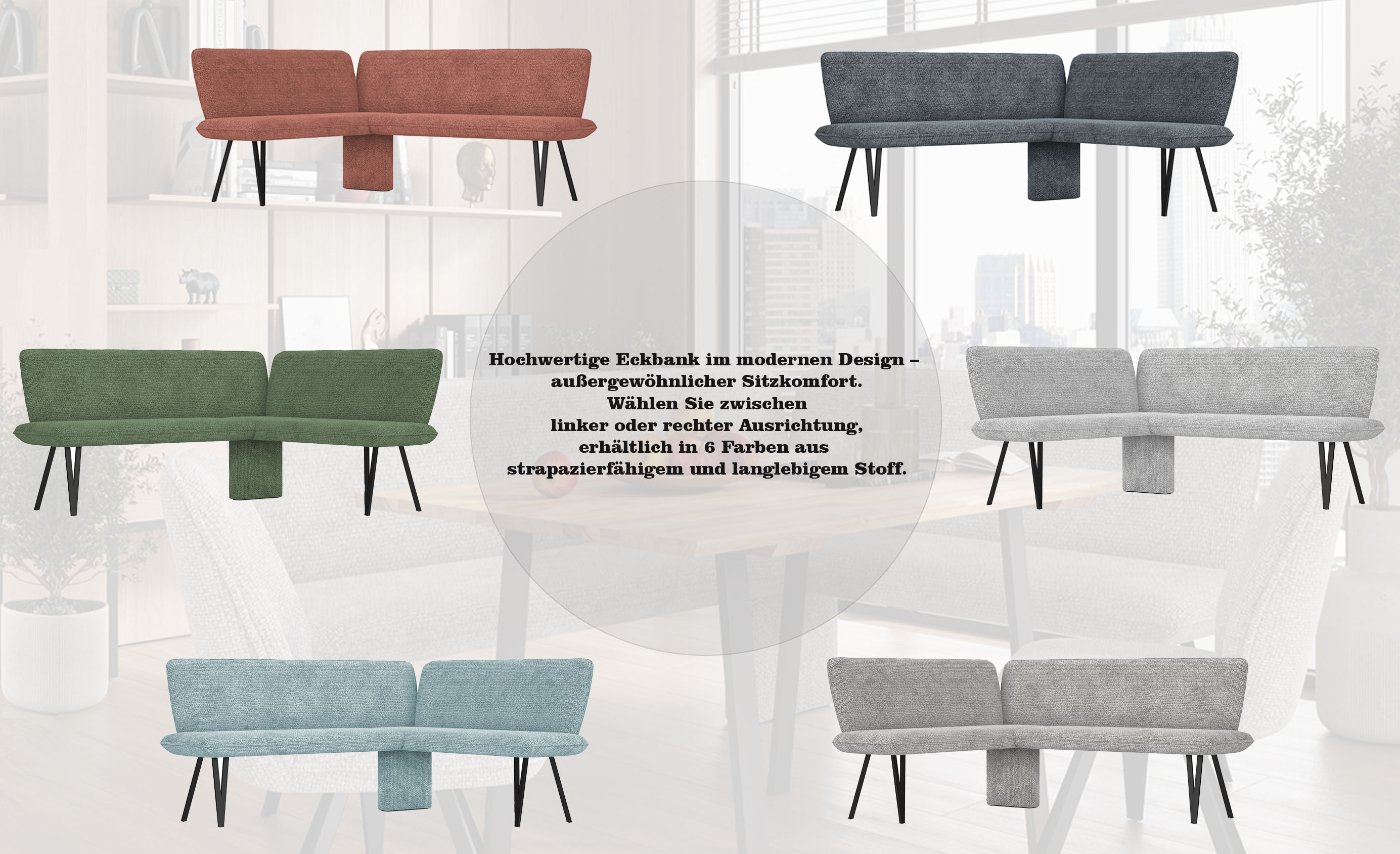 Eckbank GOODPRODUCT "Mily Küchenbank, Polsterbank, Esszimmerbank, 205x164 cm", grau (ghost grau, schwarz), B:205cm H:89cm T:164cm, Holzwerkstoff, Metall, Polyester, Sitzbänke, Eckbank, Moderne Bank und Farben, Sitzplatzanzahl: 5, Frei in Raum stellbar gho