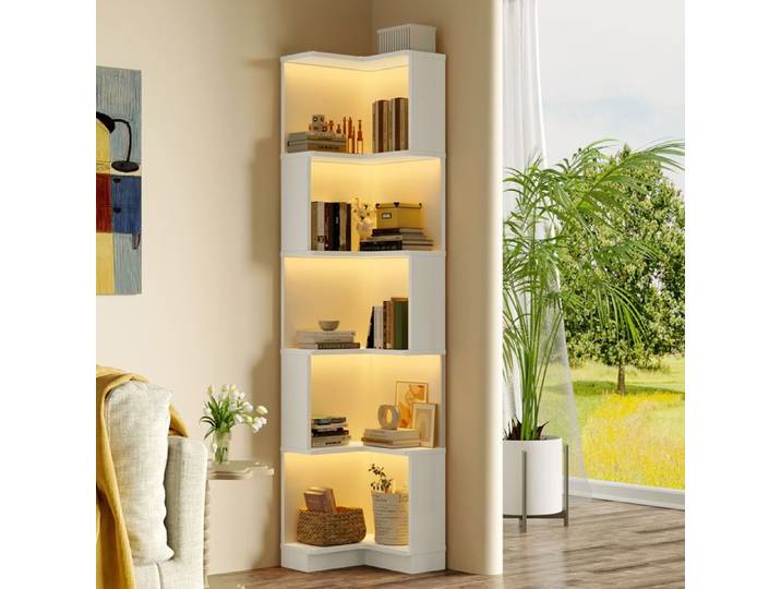 Bibliothèque d angle 63 5×45×175cm panneau MDF cinq étages bandeau LED pilotable application salon bureau