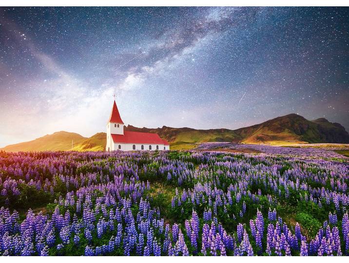 Fototapete PAPERMOON BLUMEN-WIESE-FELD ISLAND KIRCHE STERNE HIMMEL BERGE , bunt, B:3,5m L:2,6m, Vlies, Tapeten, Fototapete