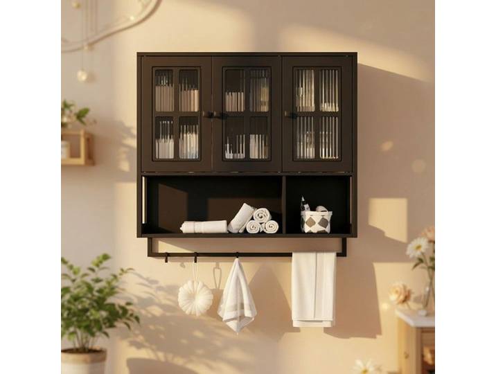 CollaHausse Armoire Murale Salle de Bain Bois 3 Portes Pharmacie Noir