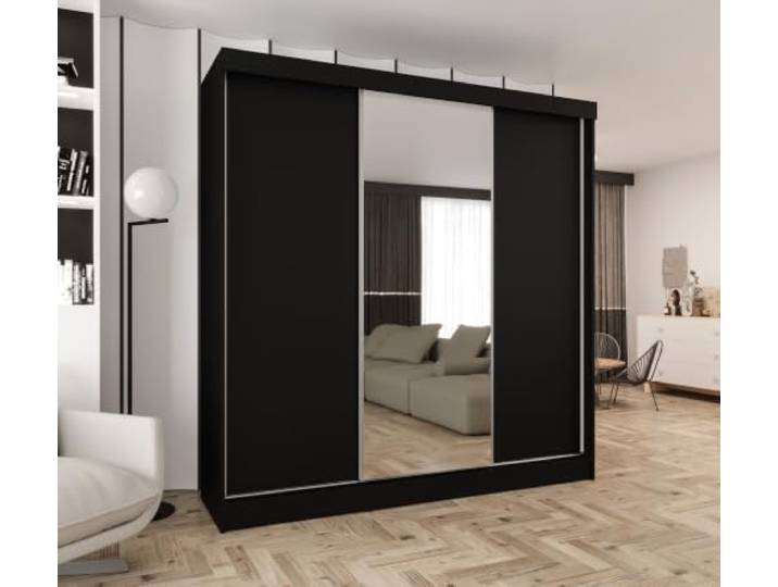 Kleiderschrank mit Spiegel und Schiebetüren Schwarz 170x205 cm 2 Kleiderstangen, Ohne Schubladen, MDF Platte, Inklusive Montageset, Mit Einlegeböden, Viel Stauraum, Praktische Aufteilung