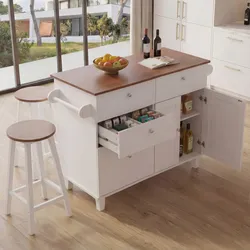 Kücheninsel MCW-P62 mit 2 Sitzhockern, Küchenschrank Schublade Staufächer MDF 90x131x47cm ~ weiß, helles Holz