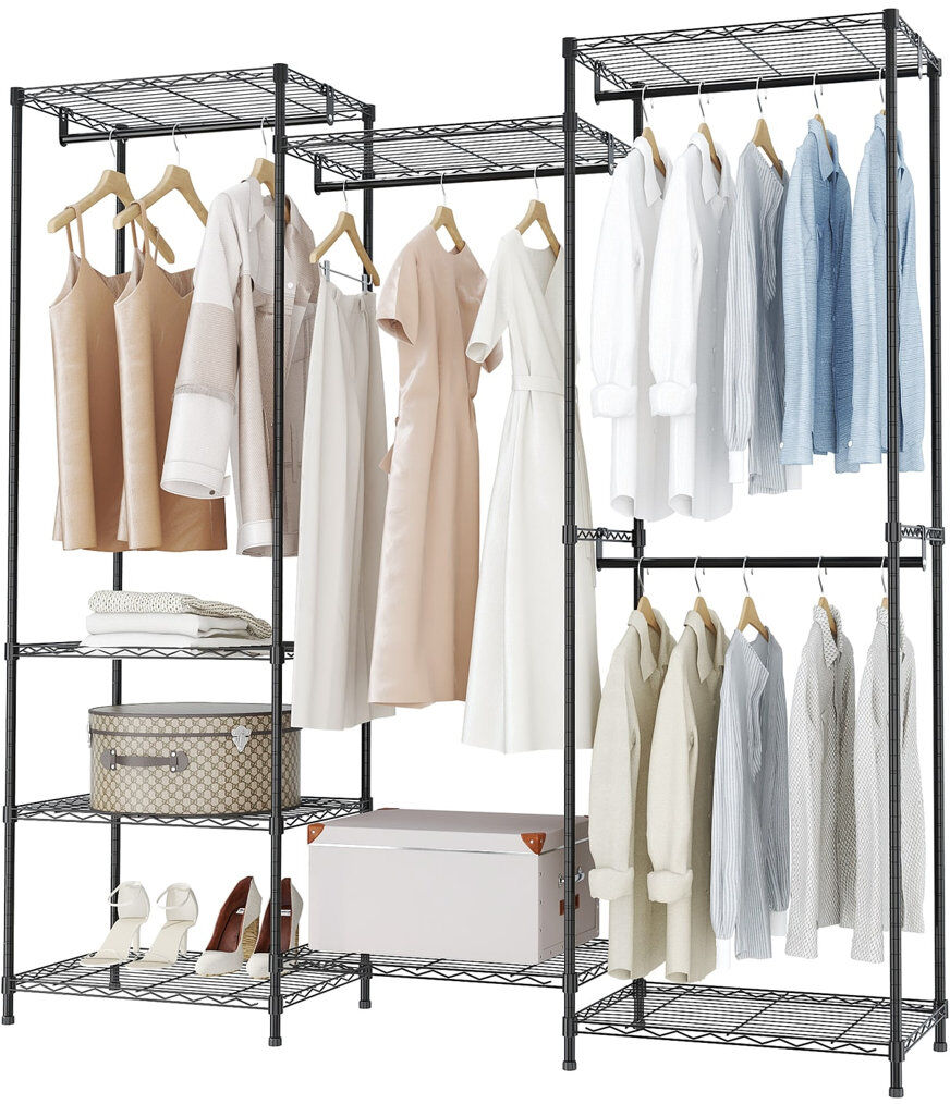 Rebrilliant 174cm 4 Rail Wire Garment Rack with 8 Shelves Freestanding Open Wardrobe Black
