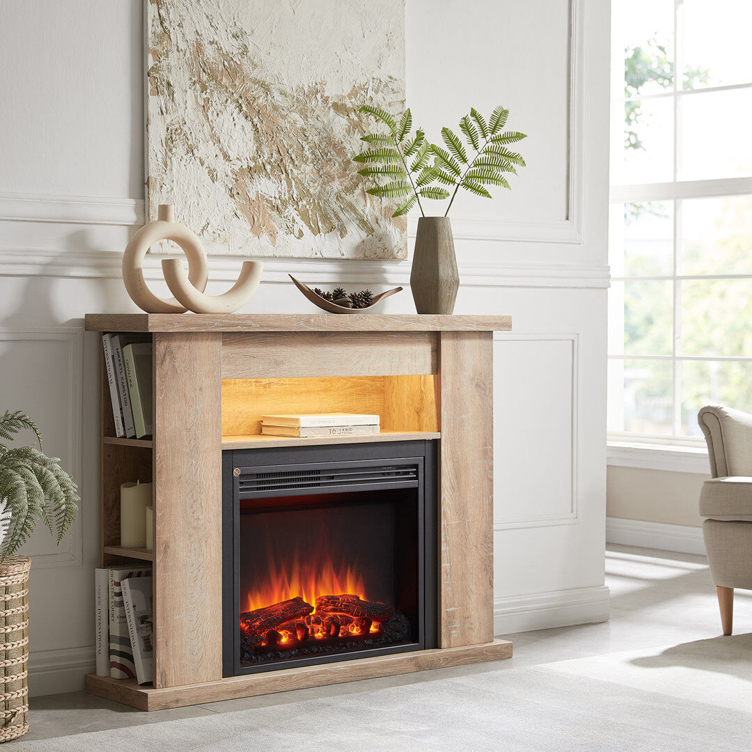 FLAMME Electric Fire and Surround, Freestanding Suite, Lipson Rustic Light Oak 88cm H x 110cm W x 28cm D