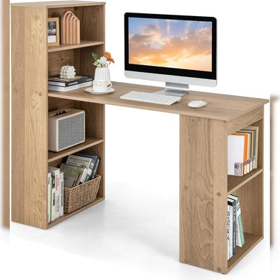 COSTWAY Schreibtisch mit Bücherregal, 6 Regalen, PC-Tisch mit Regal rechts/links, für Zuhause, Büro & Wohnheim