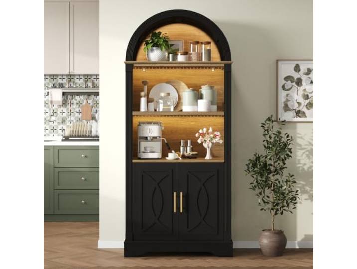 Bogen-Vitrine Küchenschrank 180 cm mit 2 türen , Schwarz Vitrine Highboard mit offenen Fächern und Einlegeboden, Buffetschrank Esszimmer, Wohnzimmerschrank， 76,2x40,1x180 cm