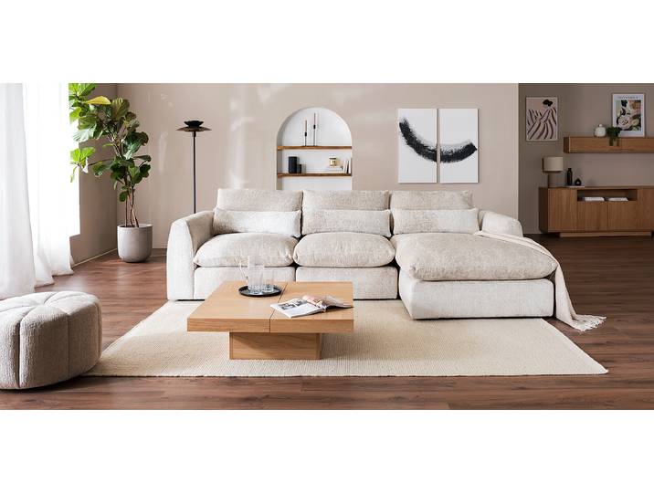 Ecksofa GAHAN mit Longchair Grau Chenille Gosia 293 x 91 x 165cm Longchair davorstehend rechts Modern