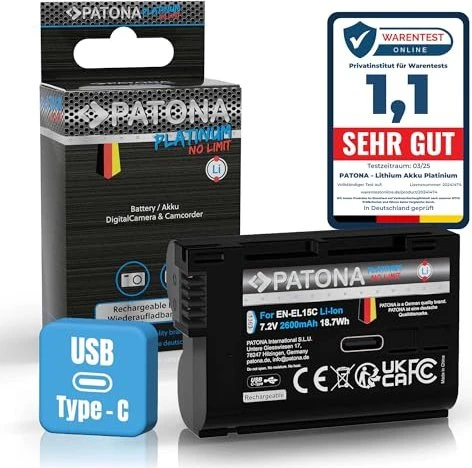 PATONA Akku für Nikon EN-EL15C 2 600 mAh Li-Ion Platinum mit USB-C Ladefunktion