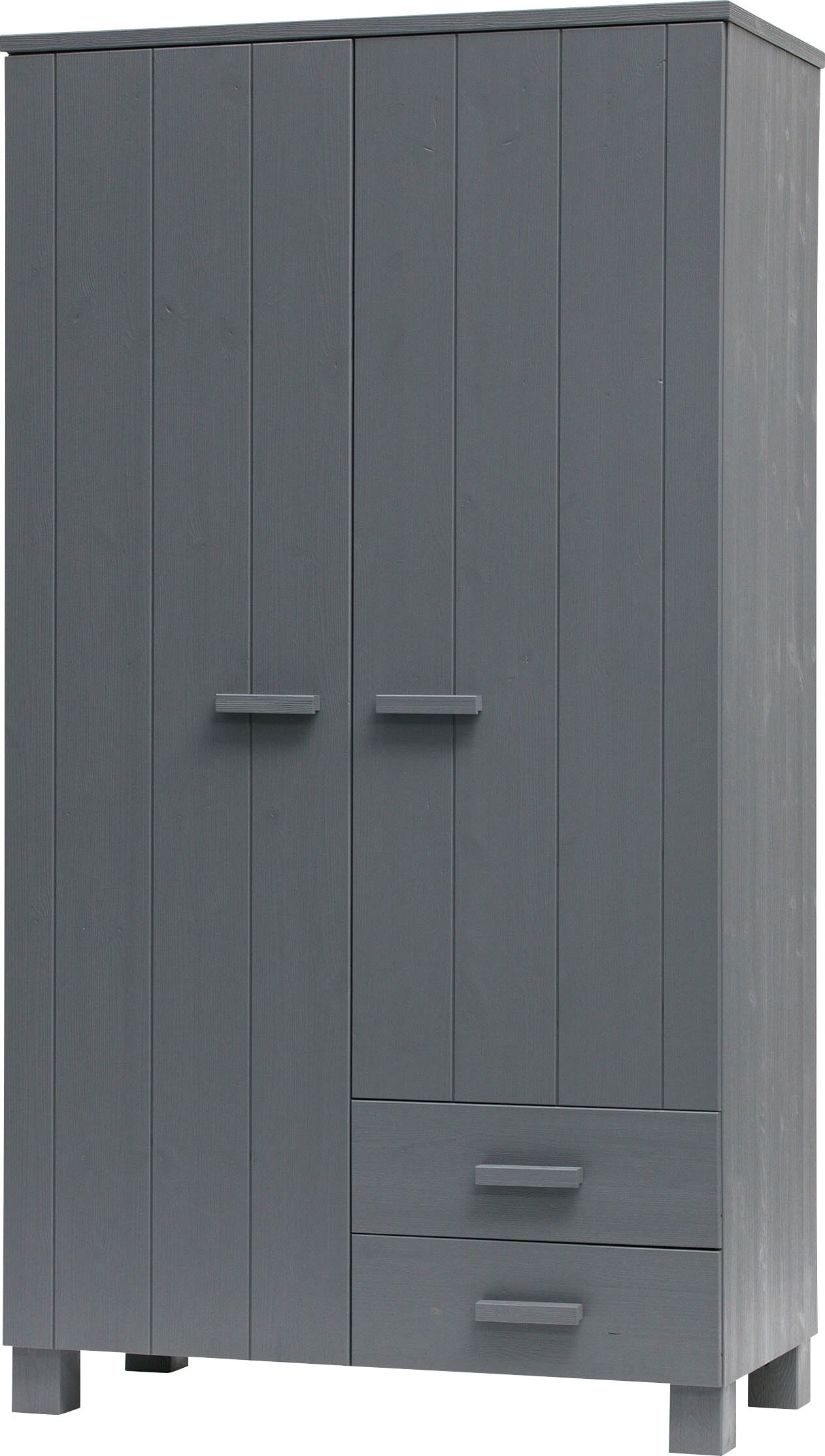 Garderobenschrank WOOOD "Dennis FSC-Kiefernholz gebürstet lackiert, H 202 x B 111 x T 55 cm", grau (stahlgrau), B:111cm H:202cm T:55cm, Holzwerkstoff, Schränke, Garderobenschrank, Mit Wasserlack gespritzt, Wandbefestigung empfohlen, Pfleiglleicht