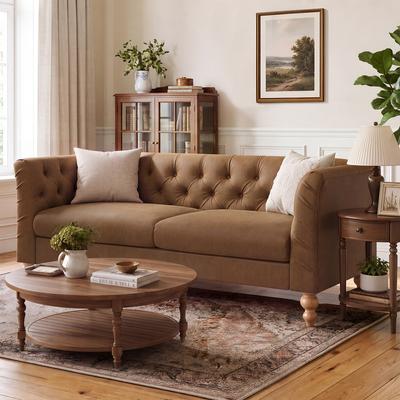 Kodotan sofa "73.5"" Chesterfield Sofa PU Upholstered Couch with Flared Arms, Tufted Back & Natural Rubberwood Legs Multi Cushion Seat Sofa"