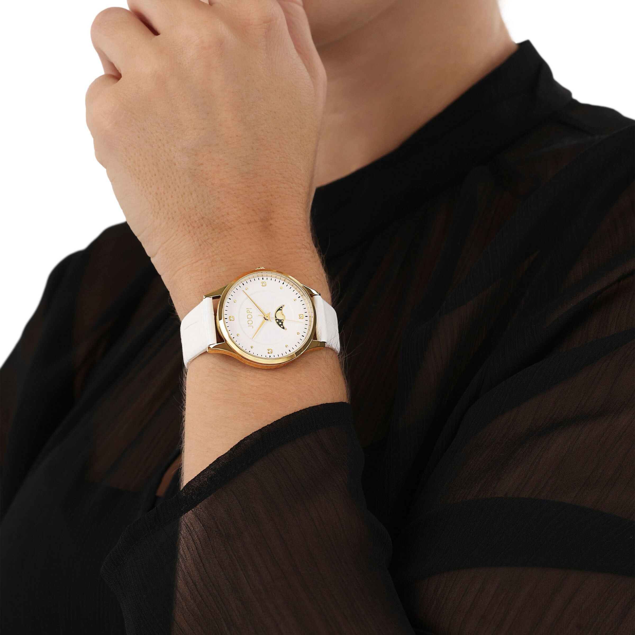 Joop! Quarzuhr JOOP, weiß (weiß, weiß), Armbanduhren, Damen, goldfarben, Quarzuhr, Armbanduhr, Damenuhr, Lederarmband, analog,Zirkonia (synth.),Mondphase, Topseller