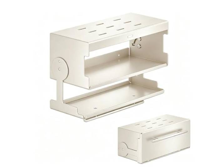 Wandmontiertes Gewürzregal und Küchenablage, Klappbarer Küchenorganizer 40 kg Tragfähigkeit, Haken, Kohlenstoffstahl, Montage Ohne Bohren für Kleine Küchen, Vorratskammern(White,Small)