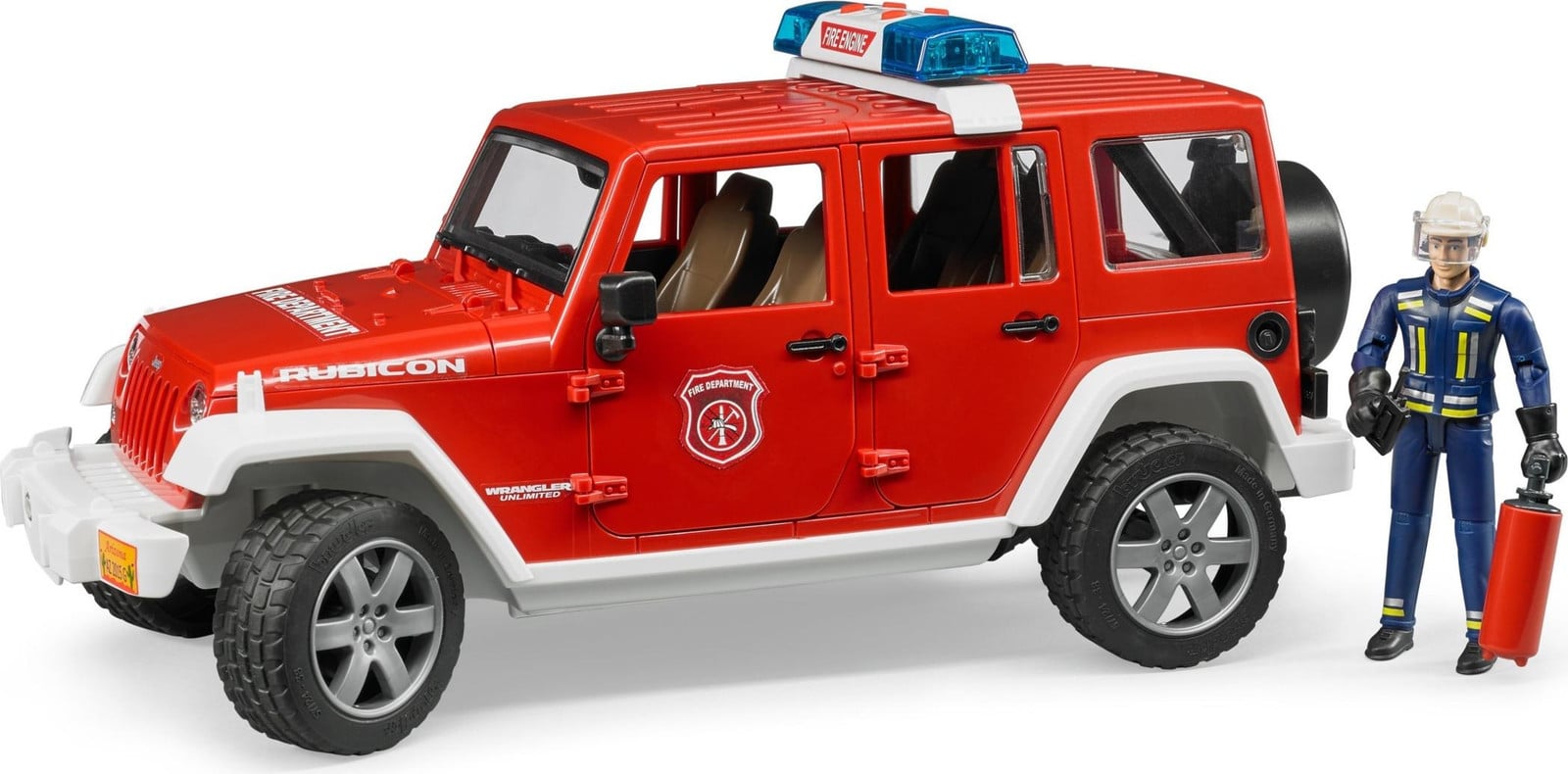 Bruder Jeep Wrangler Unlimited Rubicon brandweerwagen met brandweerman rood/wit
