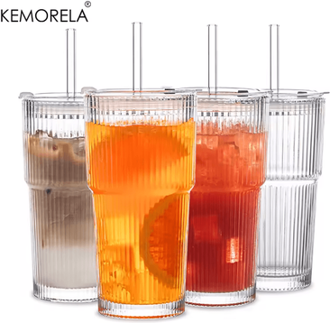 Inspire Essentials Glass Coffee Cup With Lid And Straw 600ml Transparent Iced Drinkware 4pcs